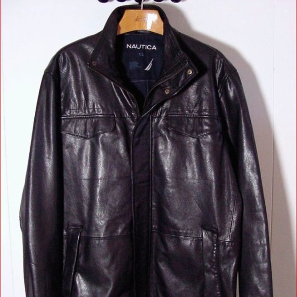 Vtg 90s Nautica Black Leather Cafe Jacket Upper Snap Pockets Sz XL